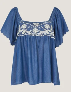 Isla Short Sleeve Embroidered Denim Top Blue