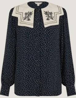 Ivy Embroidered Collar Polka Dot Blouse Blue