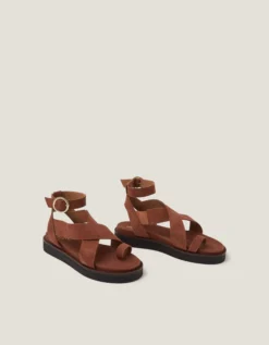 Ivy Toe Strap Crossover Suede Sandals Tan