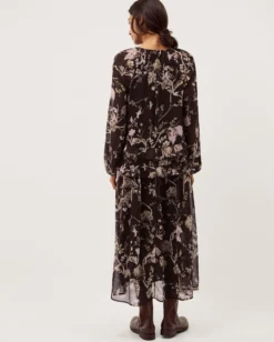 Jada Floral Print Ruffle Midi Dress Brown
