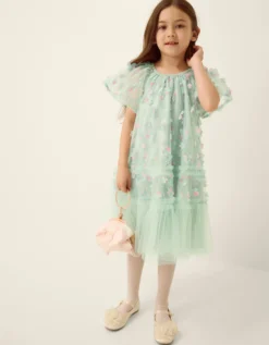 Kala Floral Appliqué Party Dress Green