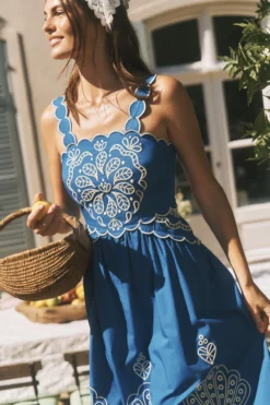 Keira Embroidered Midi Dress Blue