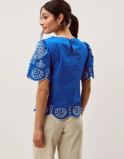 Keira Short Sleeve Embroidered Top Blue