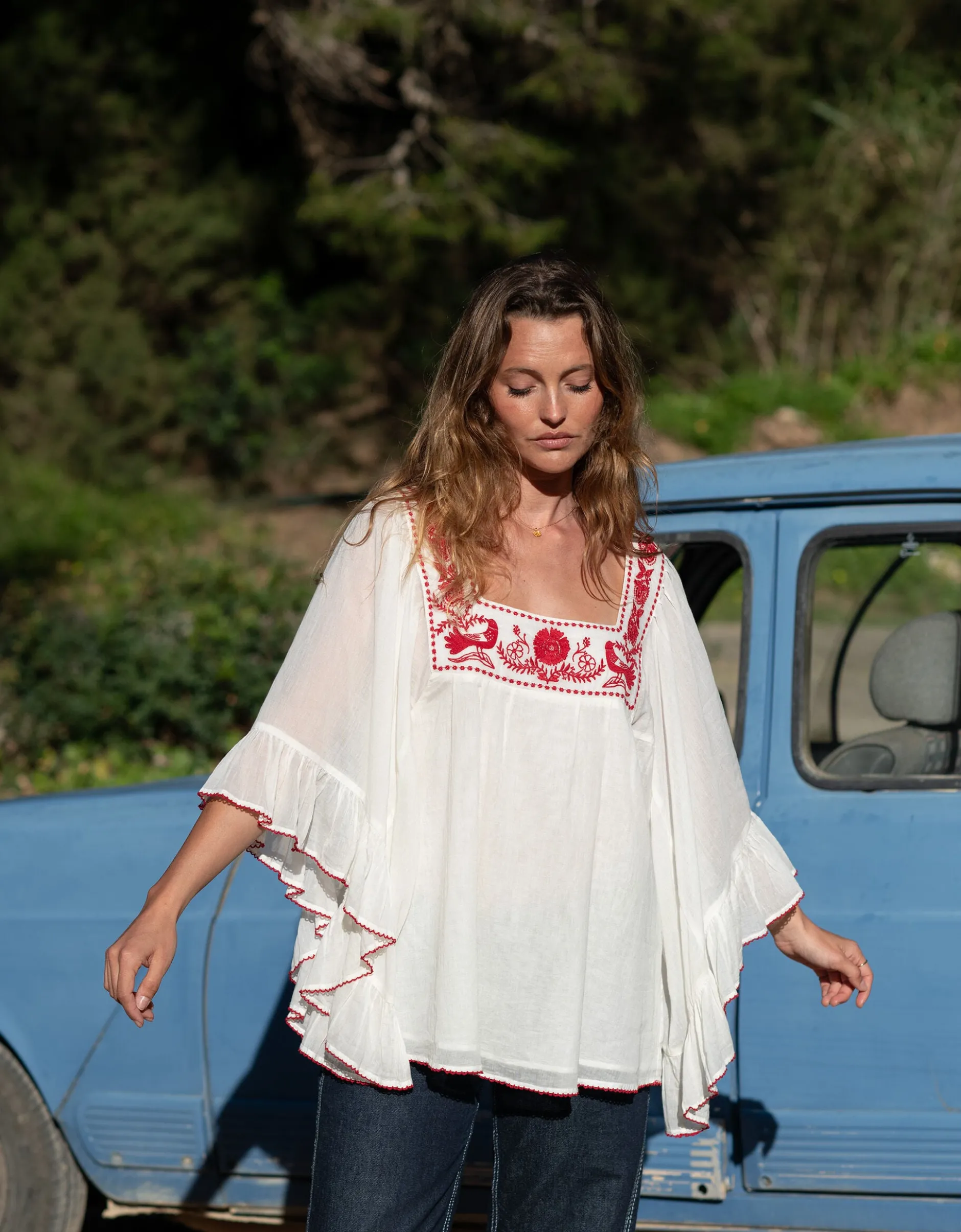 La Galeria Elefante Silver Embroidered Square Neck Top White