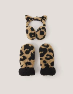 Leopard Faux Shearling Earmuff & Mitten Set Multi