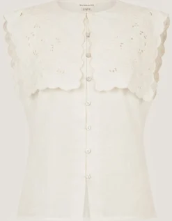 Lexi Sleeveless Embroidered Linen Blend Top Ivory