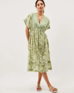 Lillie V-Neck Leaf Print Midi Dress Green