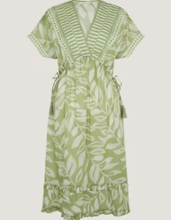 Lillie V-Neck Leaf Print Midi Dress Green