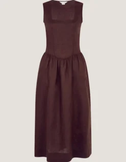 Lily Square Neck Linen Midi Dress Brown