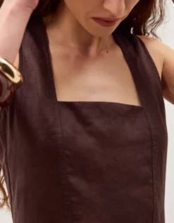 Lily Square Neck Linen Midi Dress Brown