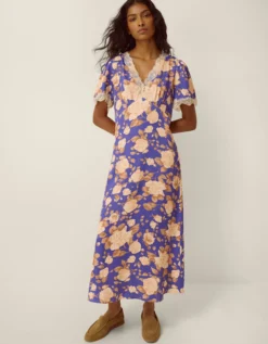 Lori Lace Floral Satin Midi Dress Blue