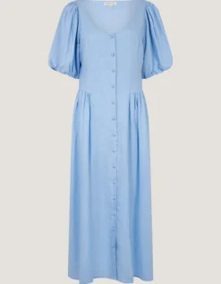 Lottie Puff Sleeve Linen Blend Midi Dress Blue