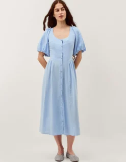 Lottie Puff Sleeve Linen Blend Midi Dress Blue