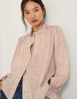 Maeve Ruffle Stripe Shirt Camel