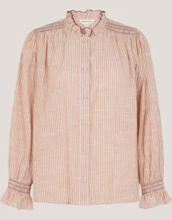 Maeve Ruffle Stripe Shirt Camel