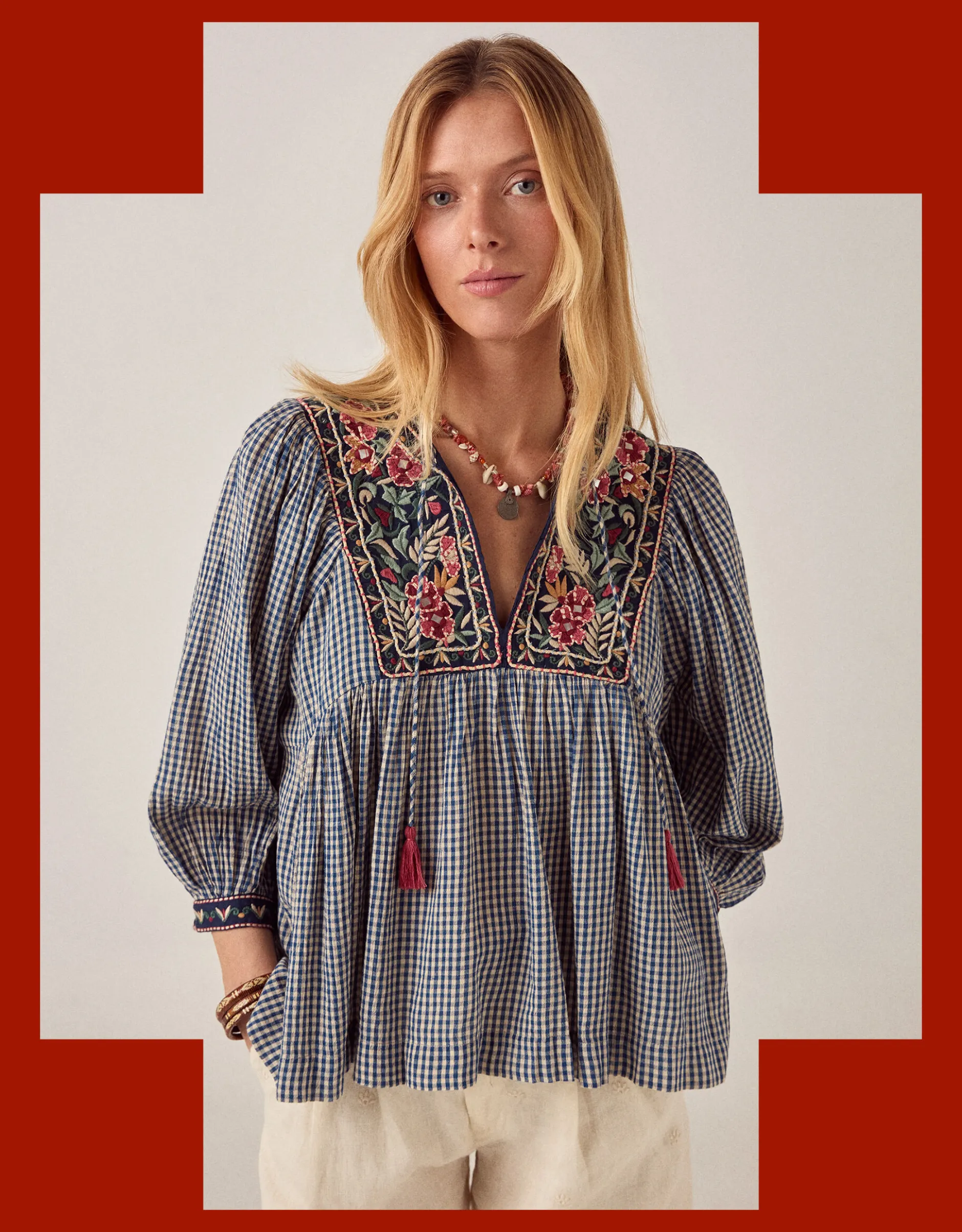 Maison Hotel April Embroidered Gingham Blouse Blue