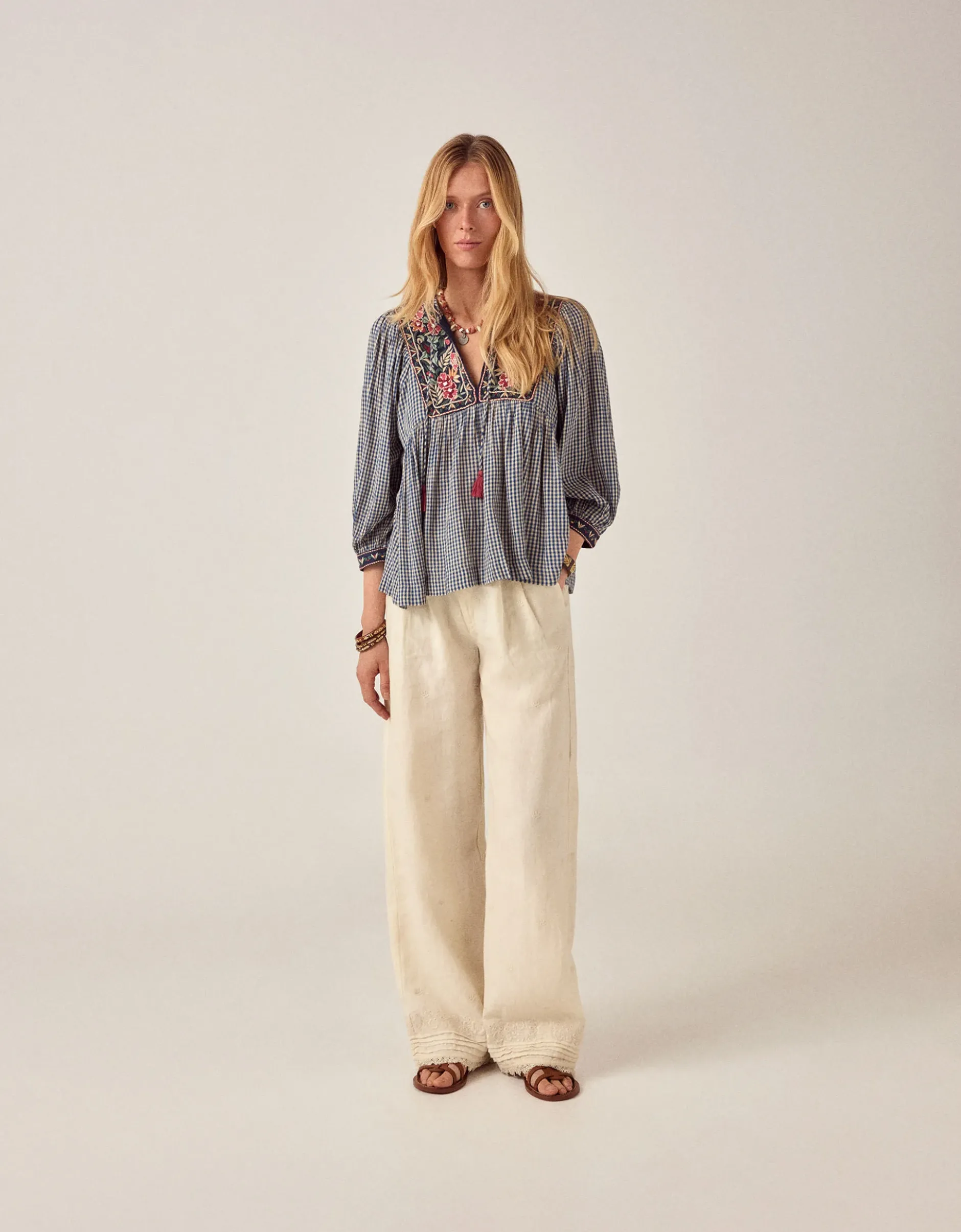 Maison Hotel April Embroidered Gingham Blouse Blue