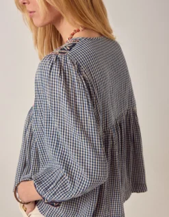 Maison Hotel April Embroidered Gingham Blouse Blue