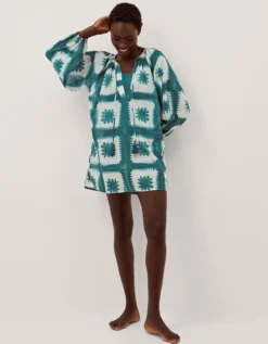 Malia Artisanal Print Mini Kaftan Teal