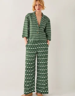 Maren Geometric Print Wide Leg Trousers Green