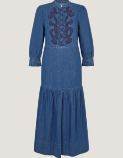 Melissa Embroidered Denim Midi Dress Blue