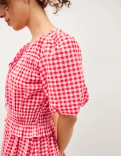 Mel Puff Sleeve Gingham Midi Dress Red