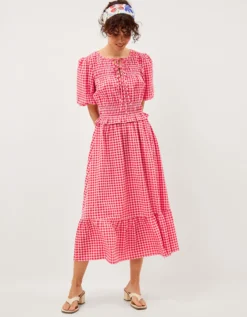 Mel Puff Sleeve Gingham Midi Dress Red