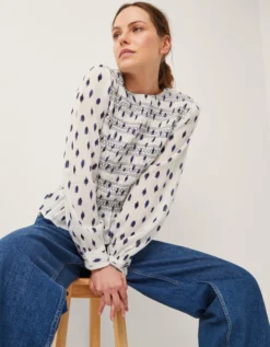 Molly Spot Smocked Top Ivory