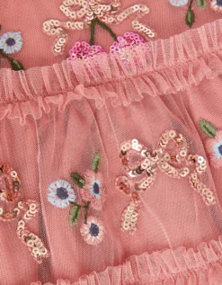 Mon Cheri Floral Embroidered Mesh Dress Pink