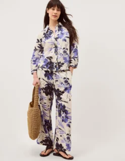 Nicolette Floral Linen Blend Wide Leg Trousers Blue
