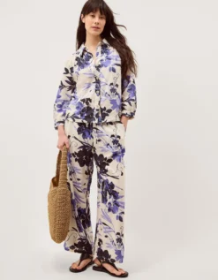 Nicolette Floral Linen Blend Wide Leg Trousers Blue