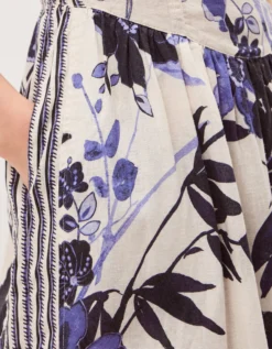 Nicolette Floral Linen Blend Midi Dress Blue
