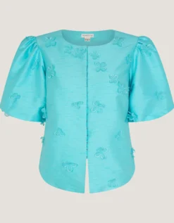 Odette Puff Sleeve Floral Appliqué Jacket Blue