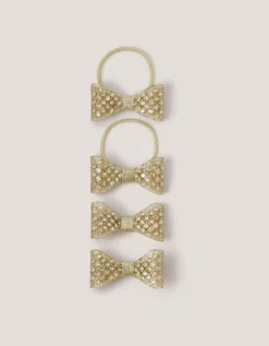 4-Pack Rhinestone Bow Hair Bands & Clips Gold