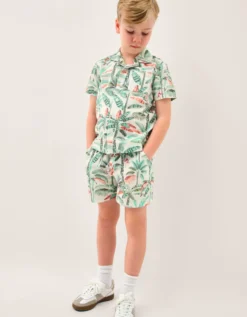 Palm Print Cotton Shirt & Shorts Set Ivory