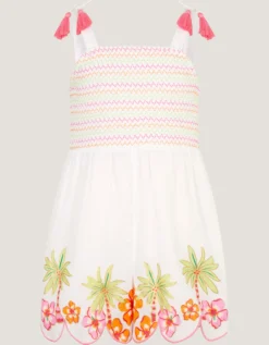 Palm Print Smocked Playsuit Ivory
