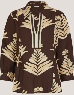 Pamela Linen Blend Leaf Print Top Brown