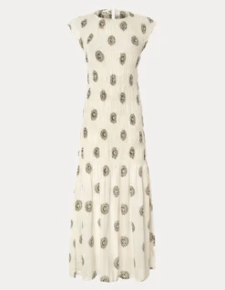 Par & Escala Bee Smocked Sun Print Maxi Dress White
