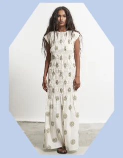 Par & Escala Bee Smocked Sun Print Maxi Dress White
