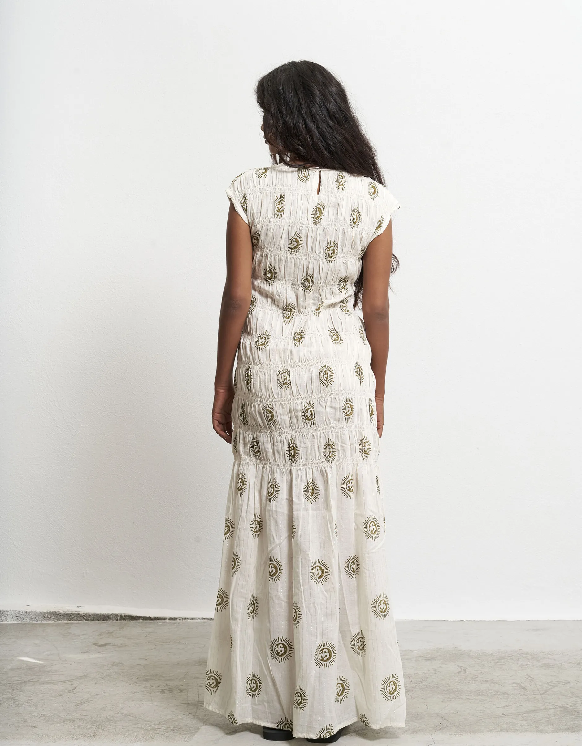 Par & Escala Bee Smocked Sun Print Maxi Dress White