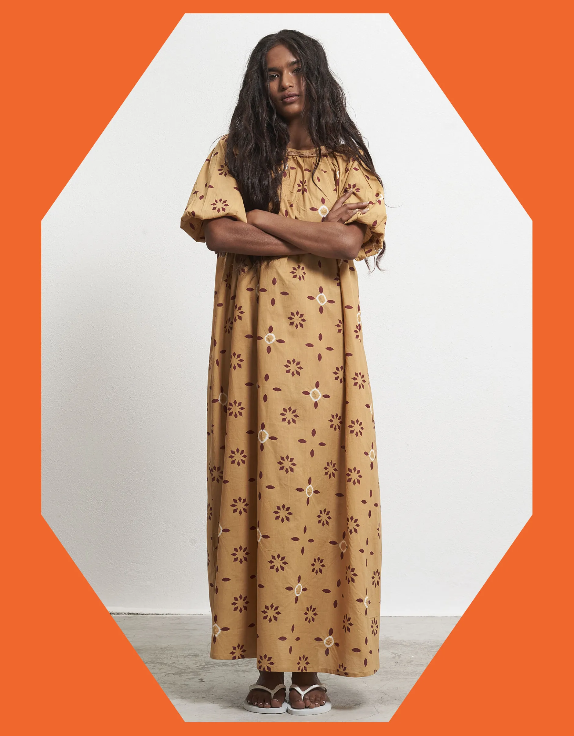 Par & Escala Romance Backless Print Maxi Dress Camel