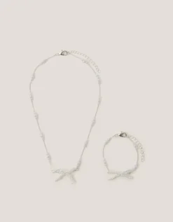 Pearl Bow Necklace & Bracelet Set