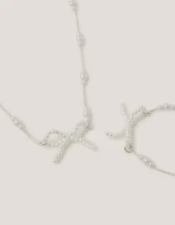 Pearl Bow Necklace & Bracelet Set
