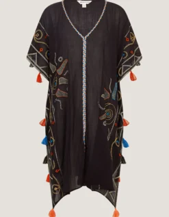 Pelia Embroidered Tassel Mini Kaftan Black