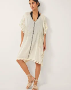Penny Tassel Embroidered Kaftan Ivory