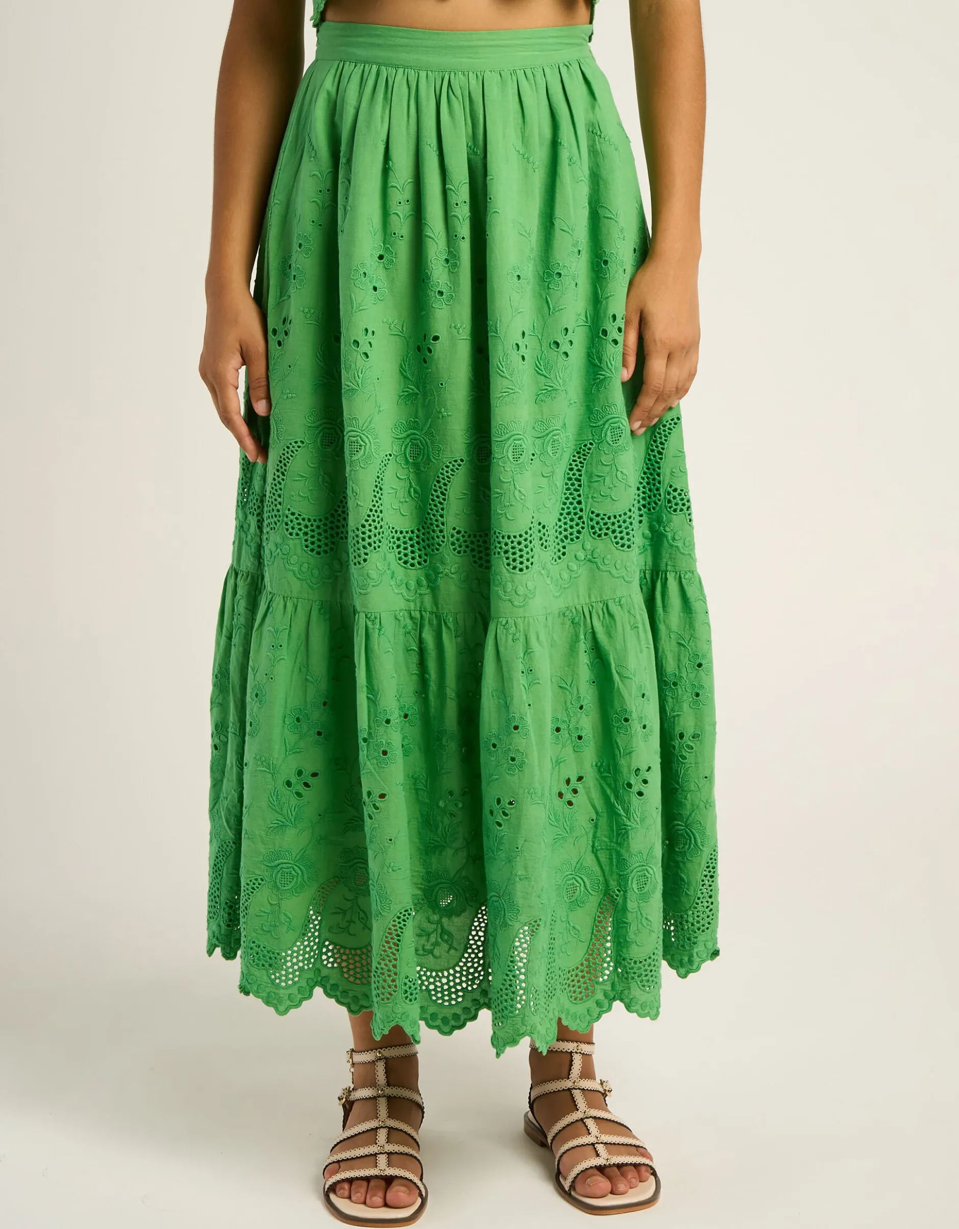 Petite Mendigote Clemence Broderie Tiered Midi Skirt Green