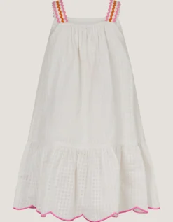 Pineapple Embroidered Scallop Swing Dress White