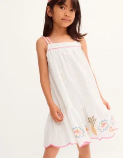 Pineapple Embroidered Scallop Swing Dress White