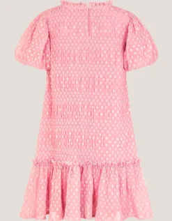 Polka Dot Textured Puff Sleeve Dress Pink