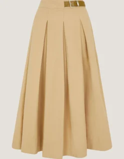 Poppy Buckle Pleated Midi Skirt Natural